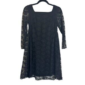 Vintage 60s Black‎ Lacy Babydoll Dress Long Lace Sleeve Bow Metal Zipper Size S